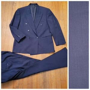 Perry Ellis 46R Suit Navy Blue Wool Double Breasted Peak Lapel PORTFOLIO Pleated